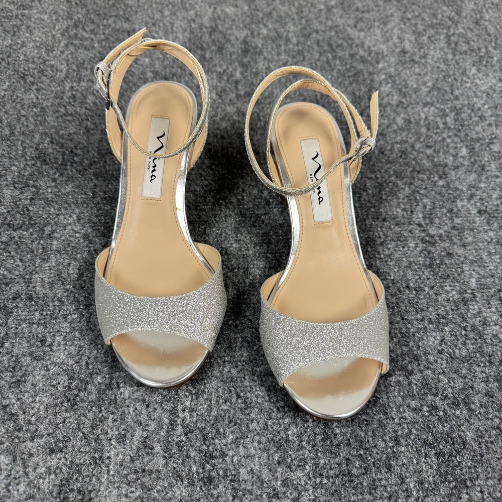 Nina Lawren YG Sz 6 M Block Heel with Straps Silver Leather Sole with Box